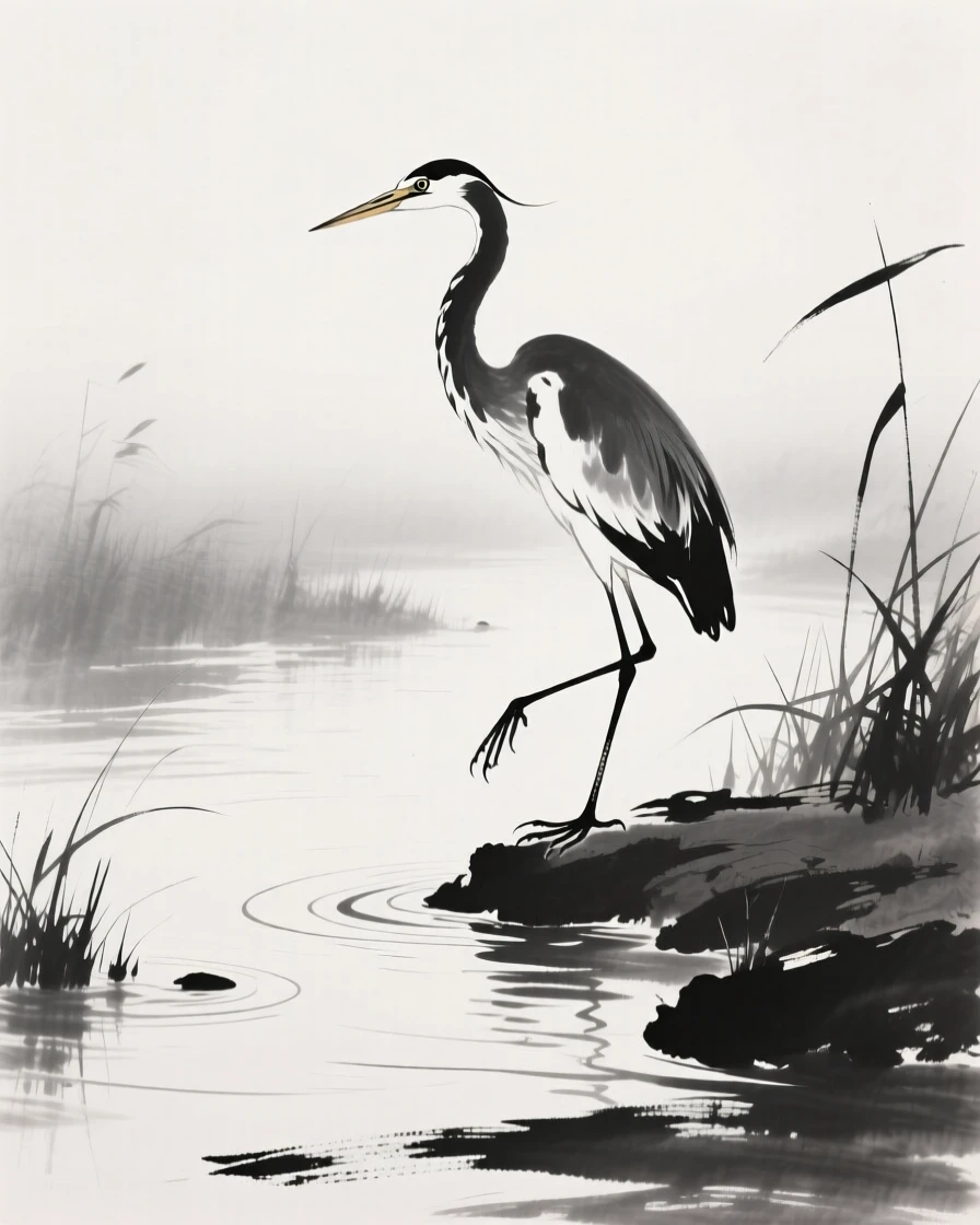 A heron stands poised to strike at fish in a shallow stream, under the soft light of early morning.