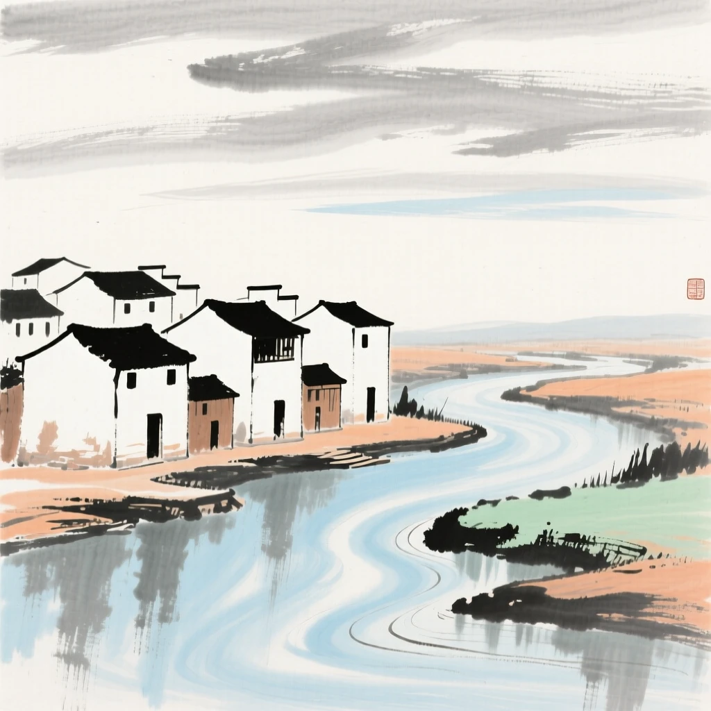A cluster of whitewashed village houses beside a slow river, under a sky streaked with clouds, in the mild days of early winter.