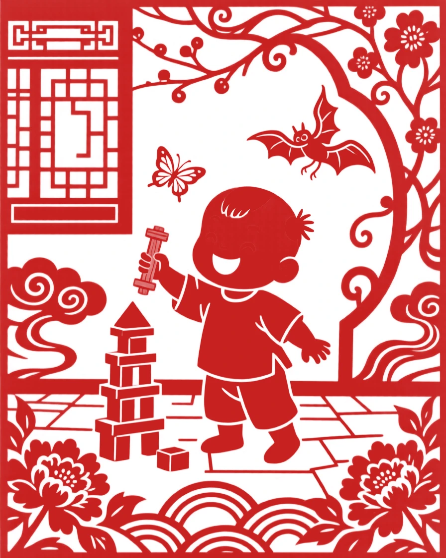 A small boy with a wooden toy, building a small tower of blocks in a courtyard, their laughter echoing through the courtyard.