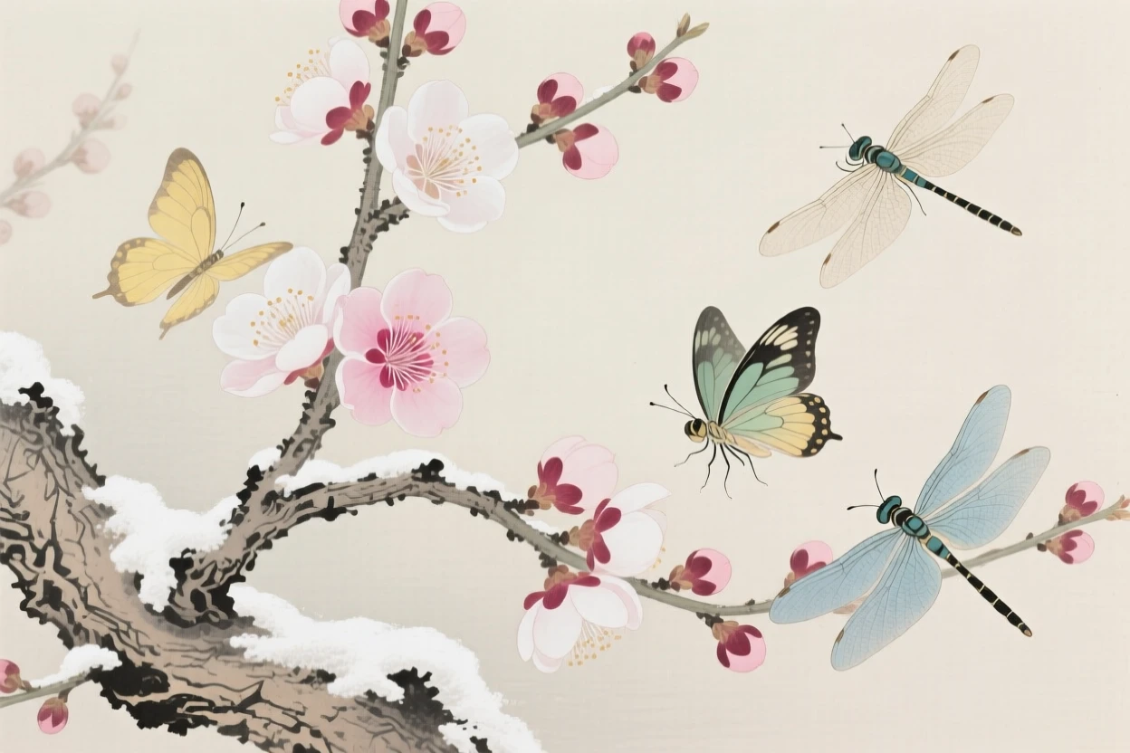 Plum blossoms on a snow-dusted branch surrounded by butterflies and dragonflies