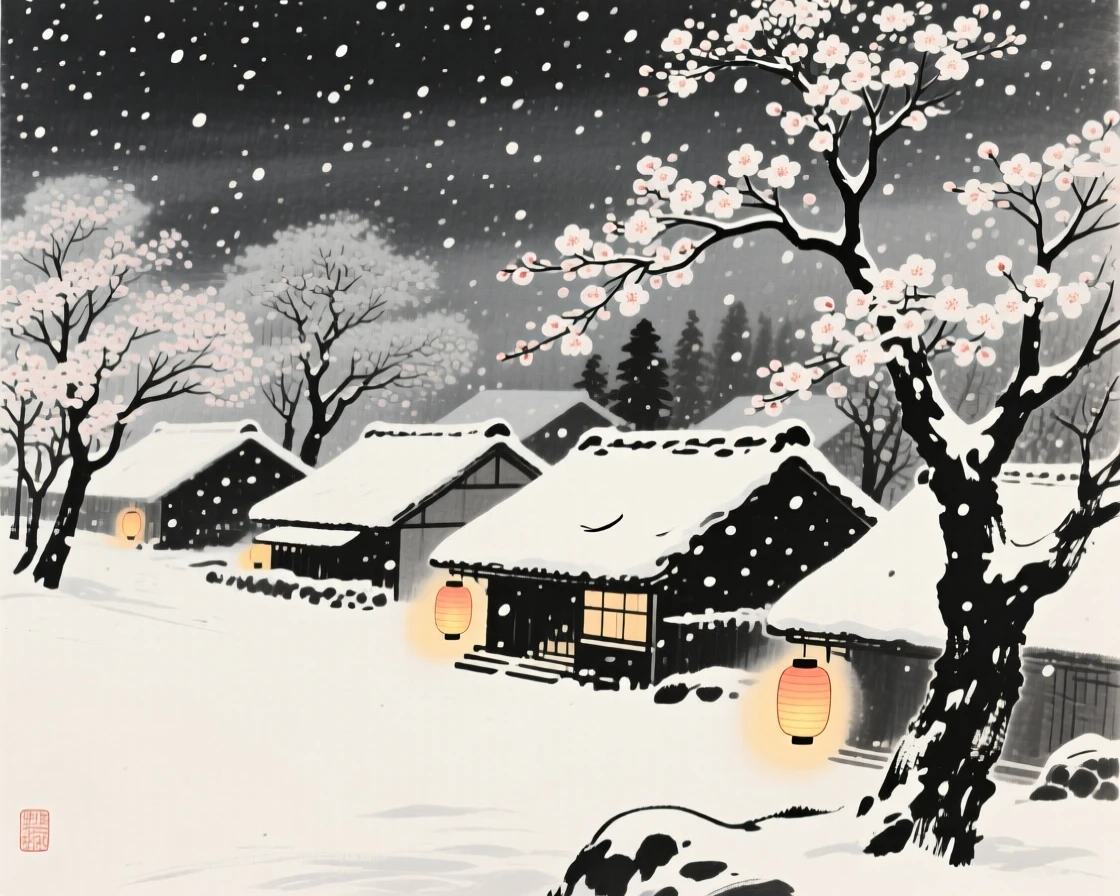 A winter snowfall blanketing a sleeping village beneath a canopy of blossoming trees, composed with warm lantern light glowing against a cool evening, suggesting nostalgia and gentle celebration.