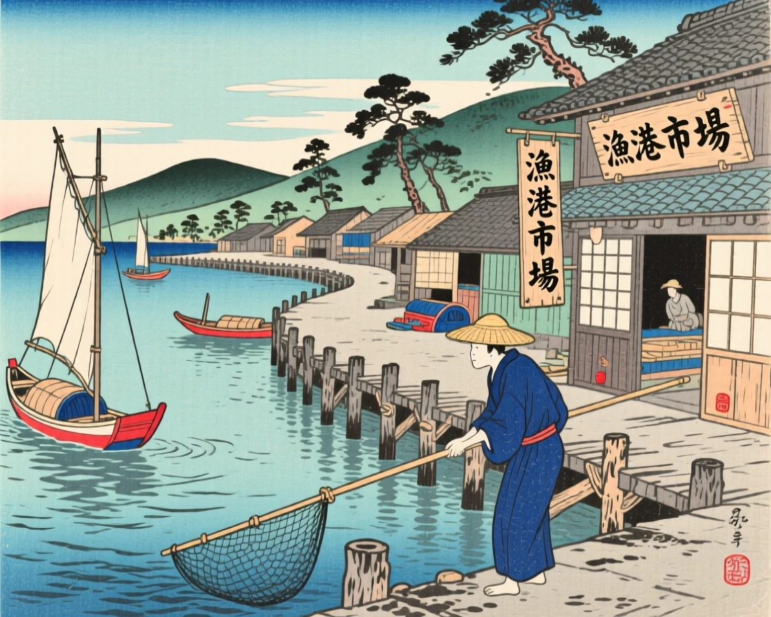A curved fishing harbor beside weathered wooden piers, beneath a clear midday sky.