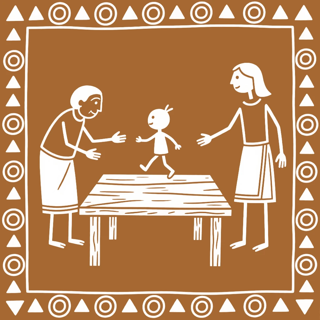 Three generations of one family teaching a child to walk at a simple wooden dining table.