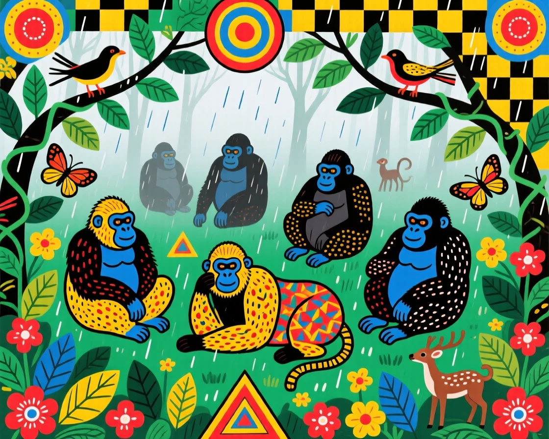 A troop of gorillas resting in a misty rainforest clearing.
