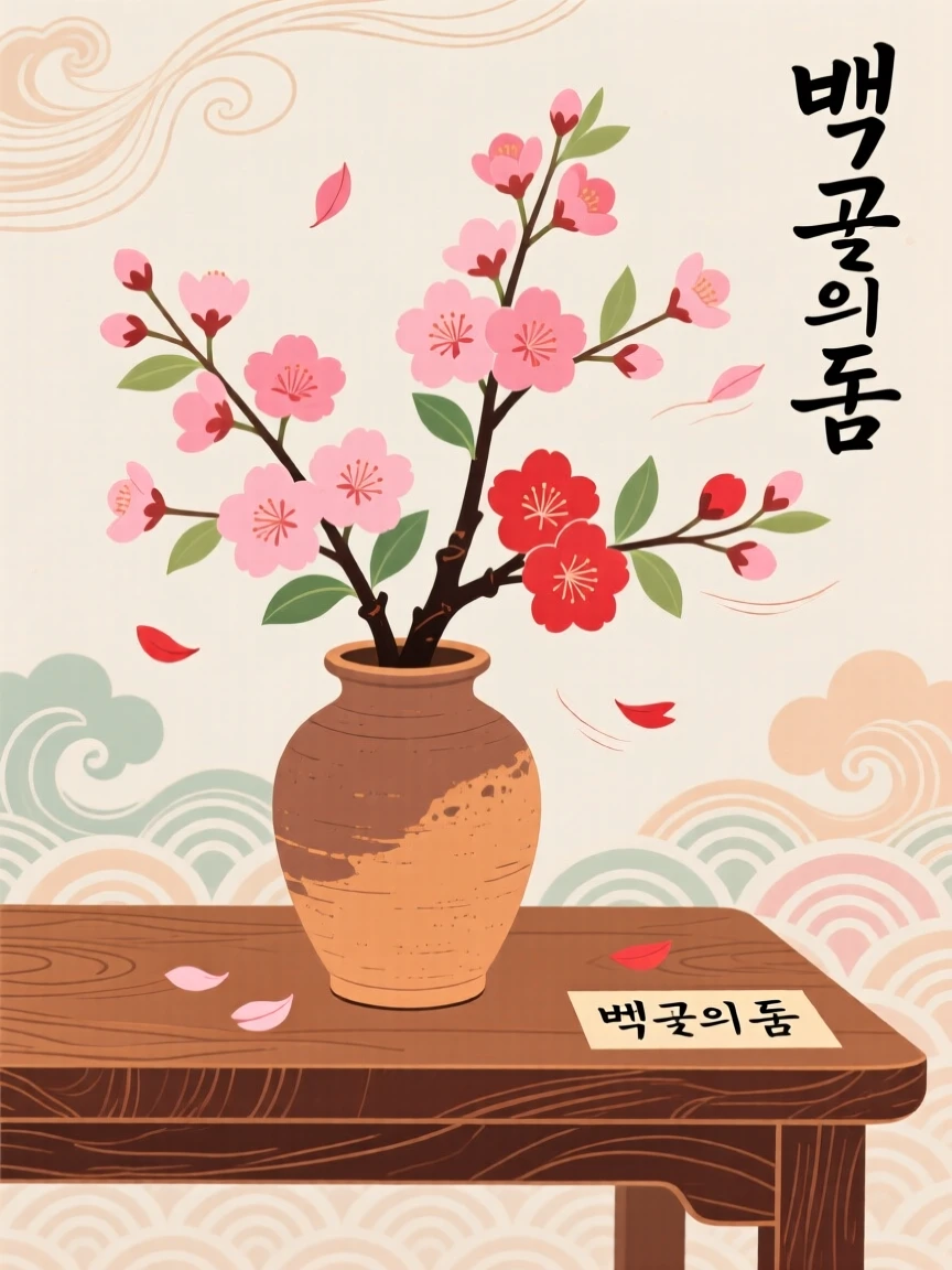 A still arrangement of cherry blossoms drifting on the wind in a rustic clay vase on a wooden table.