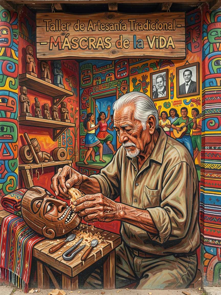An elderly craftsman carving an intricate wooden mask in his workshop