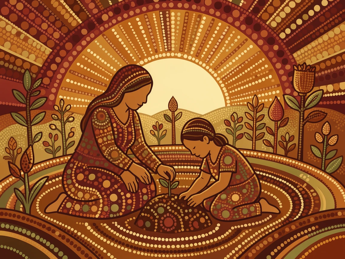 A grandmother and grandchild tending a garden at sunrise