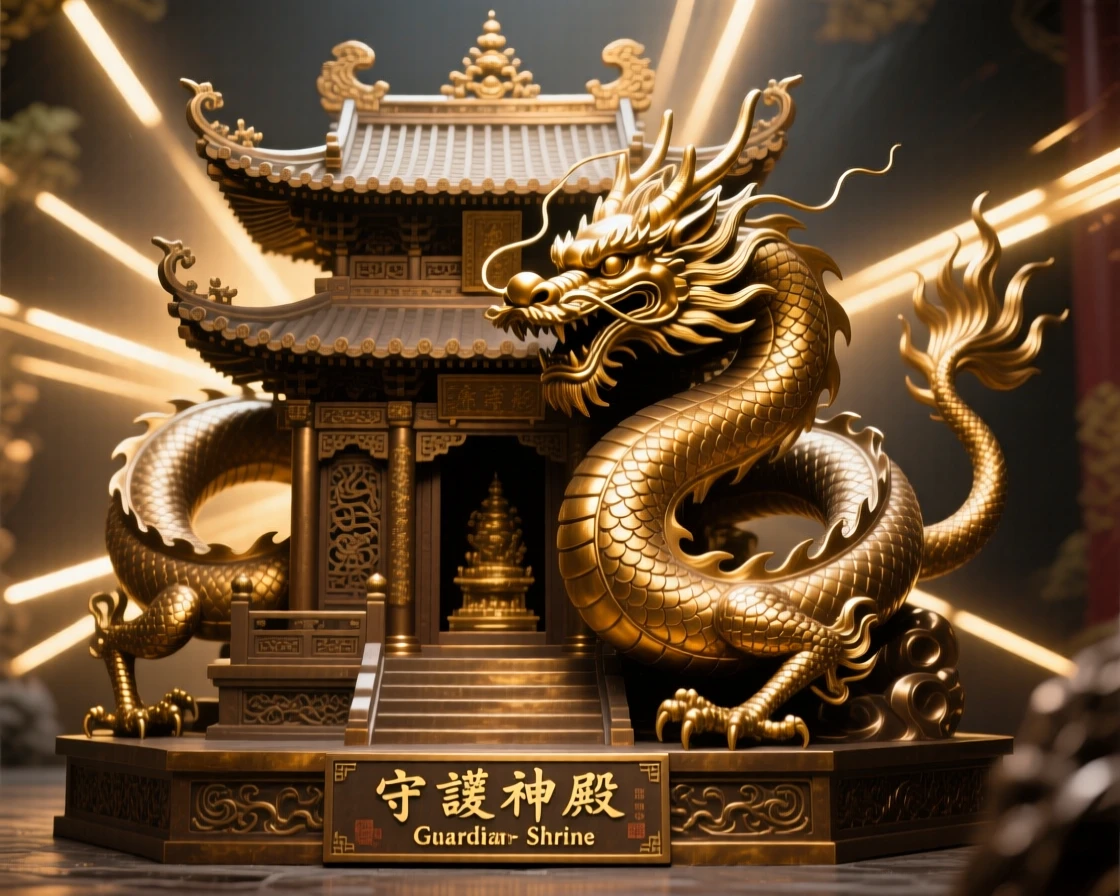 A golden dragon coiling protectively around a sacred shrine, surrounded by radiant beams of light, radiating awe and grandeur