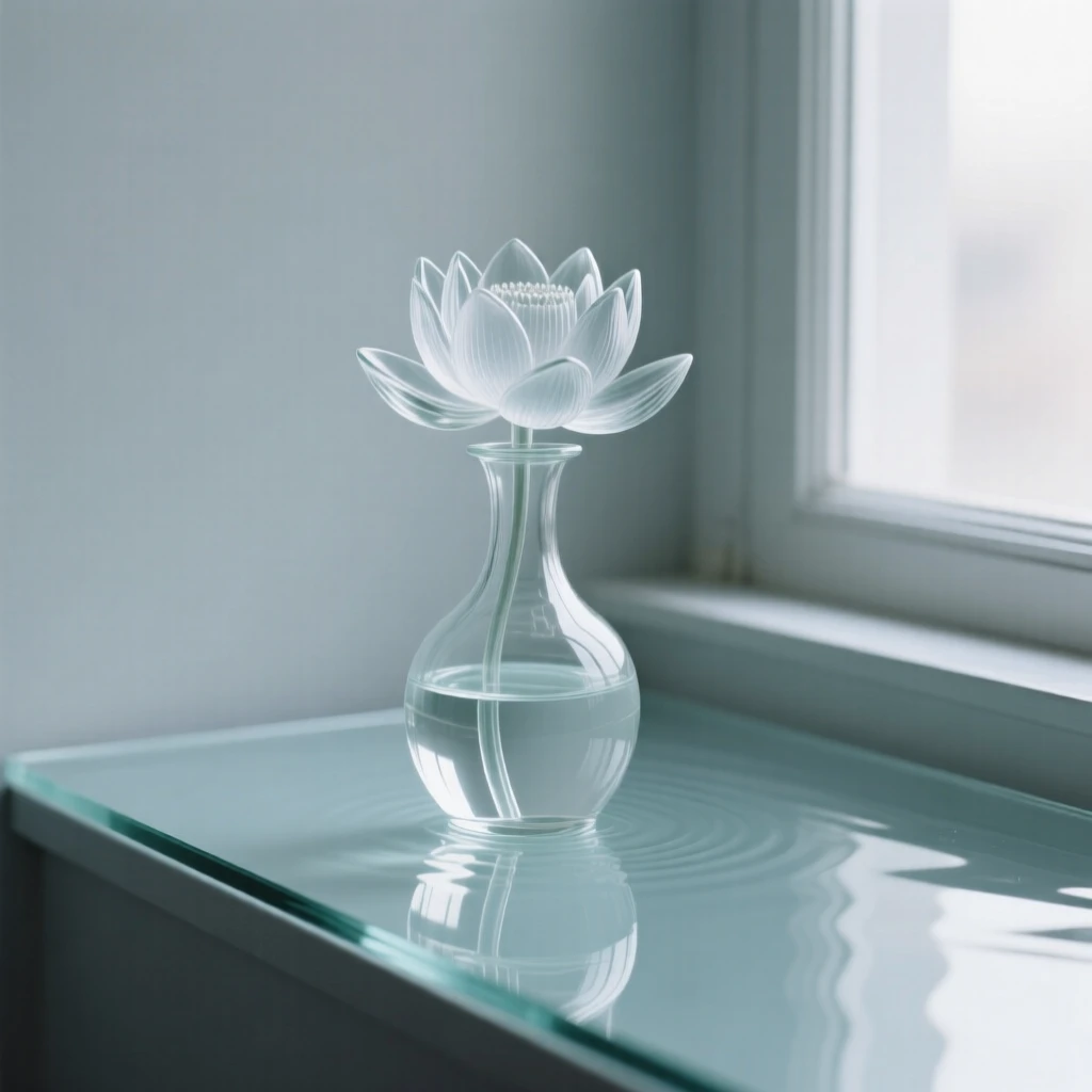 A lotus flower floating on still water arranged in an elegant vase on a windowsill, soft diffused light streaming in, creating a tranquil still-life mood.
