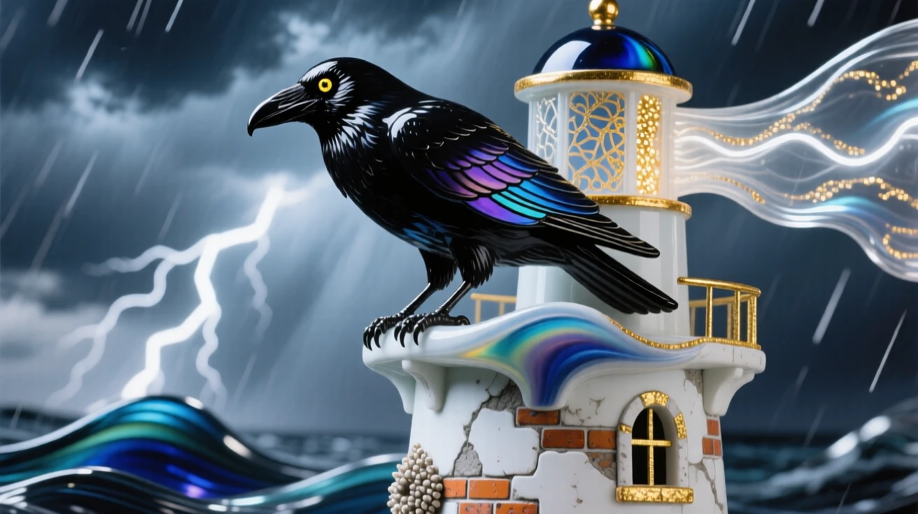 A solitary raven perched atop an old lighthouse during a storm, dramatic and moody.