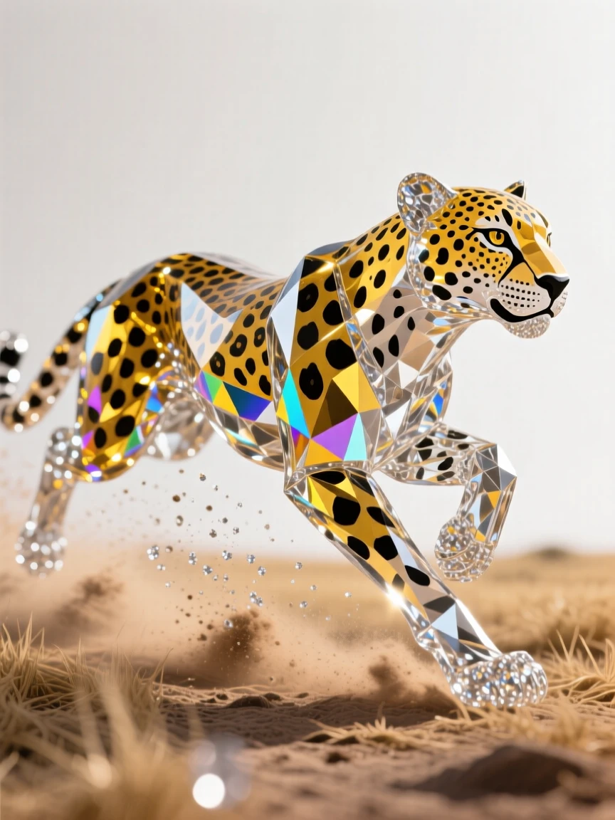 A cheetah mid-sprint across dry grassland, dust kicked up behind its powerful legs.