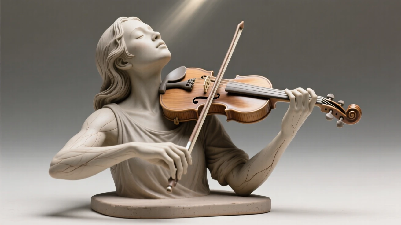 A violinist lost in the melody reaching upward as if toward the light, with expressive hands mid-gesture, conveying quiet dignity and timeless beauty.