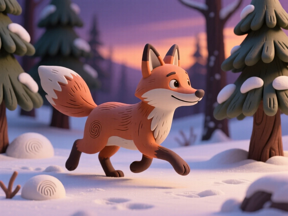 A fox trotting through a snow-covered pine forest at dusk
