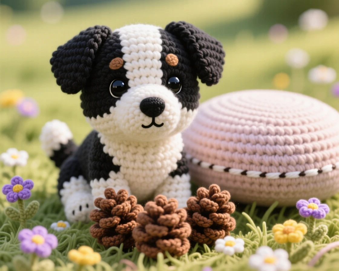 A heartwarming close-up of a fluffy baby border collie puppy, with black-and-white markings, herding a small cluster of pinecones in a sunlit meadow scattered with wildflowers; a soft round pillow tucked beneath it completes the scene, radiating playful mischief bubbling just beneath the surface.