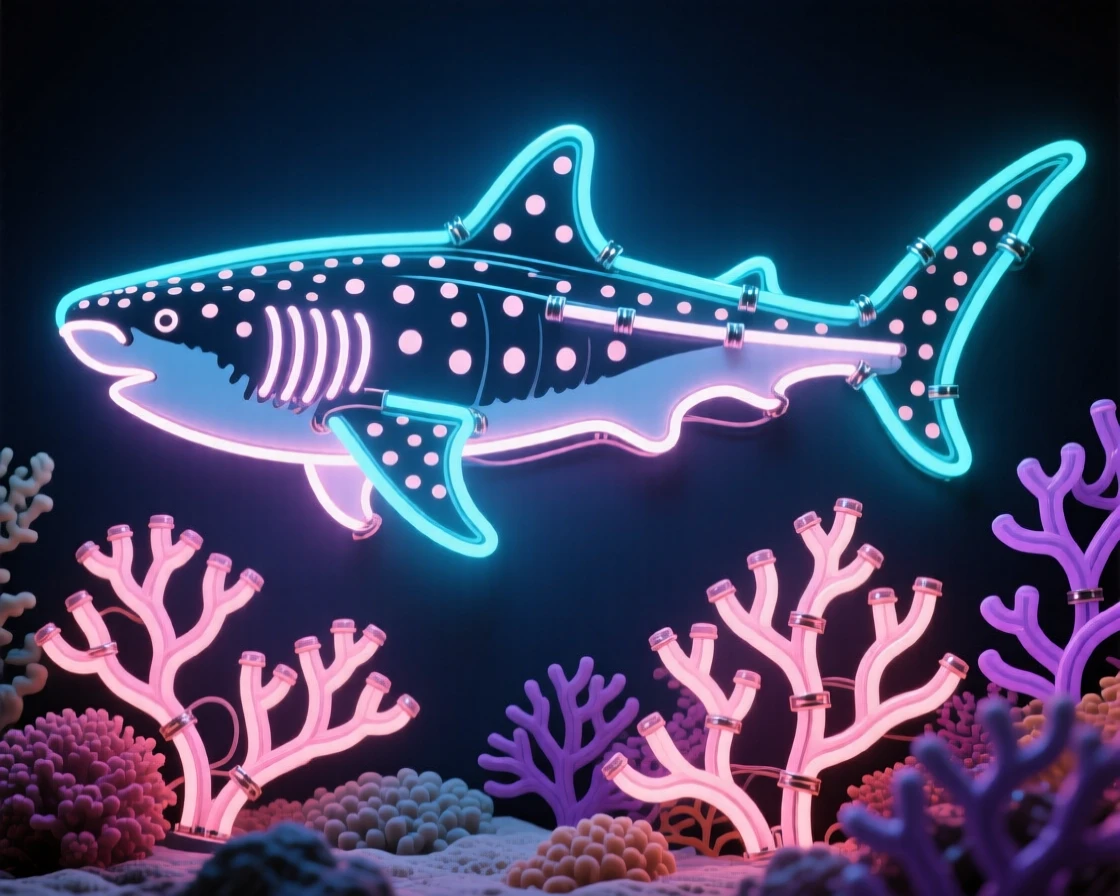 A whale shark gliding slowly above a reef of soft coral.