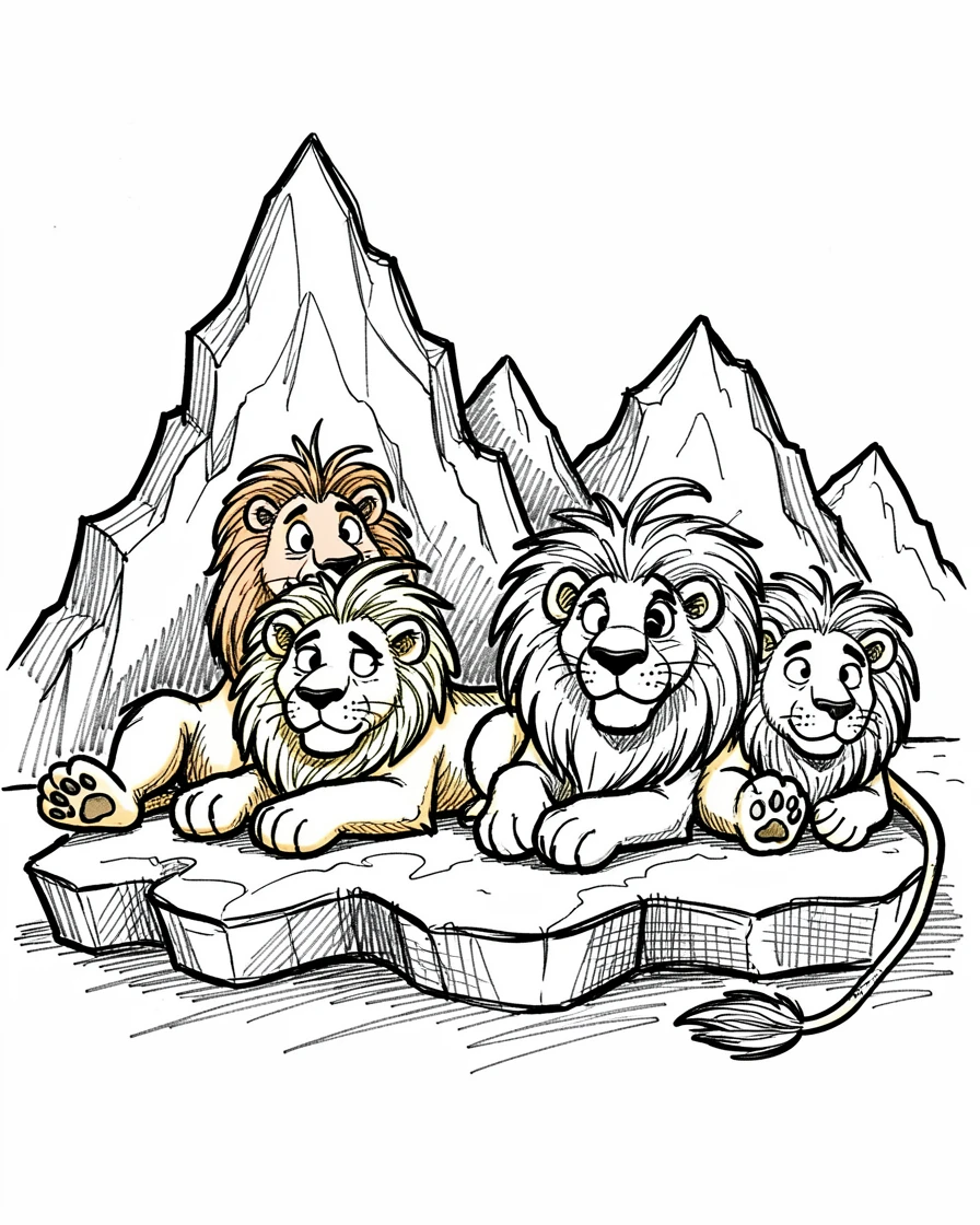 A pride of lions resting beside an icy glacier.