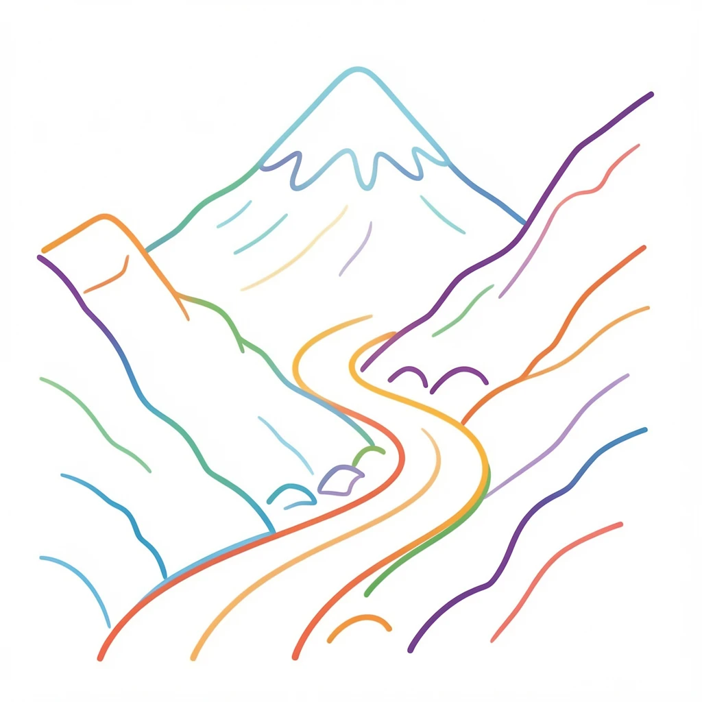A rugged mountain trail winding up toward a snow-dusted peak.
