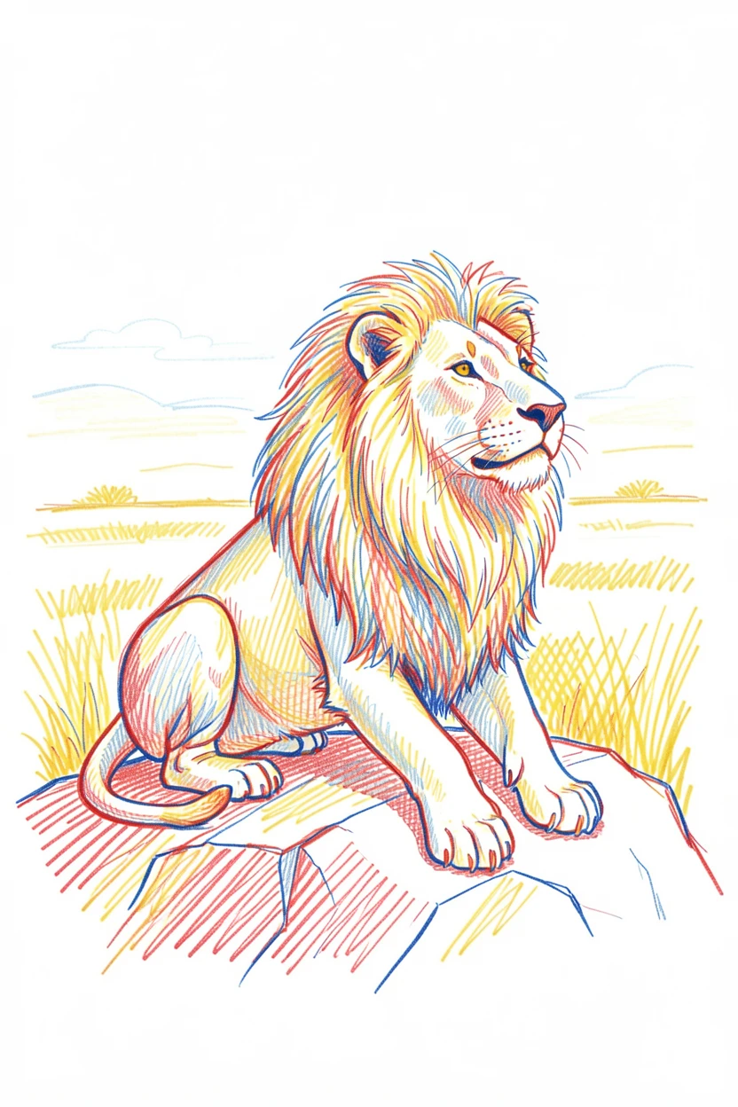 A majestic lion resting on a rocky outcrop, surveying the golden savanna at dawn
