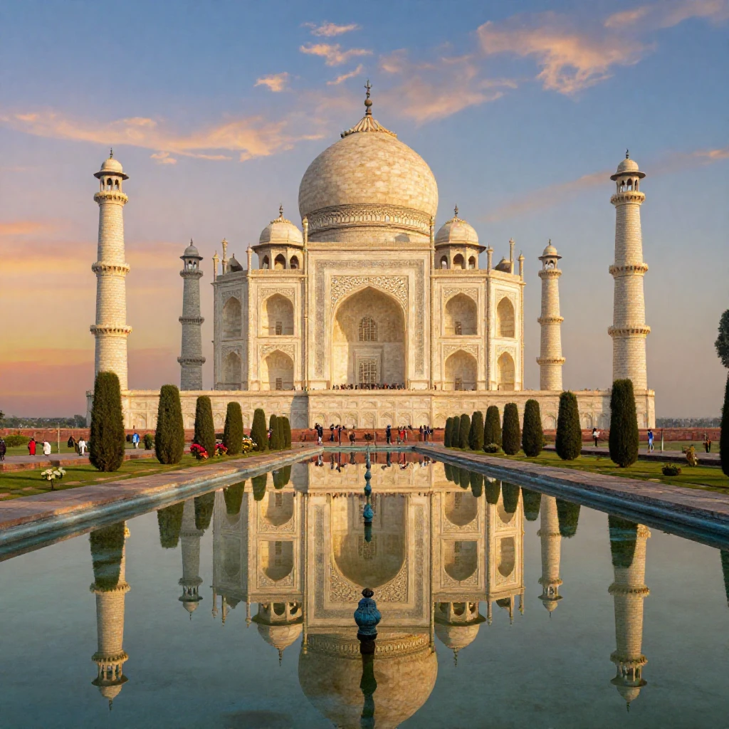The Taj Mahal reflected perfectly in its garden pool
