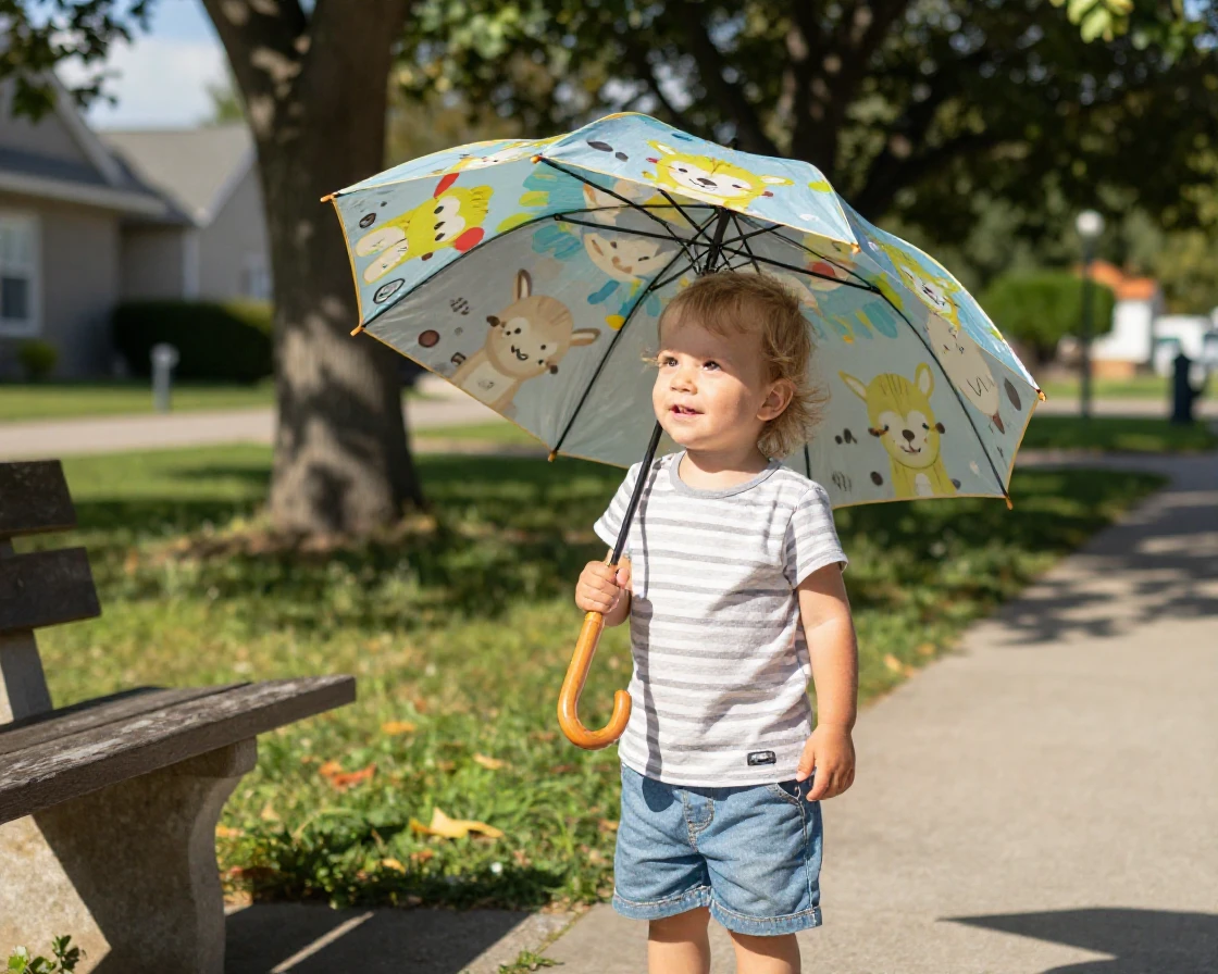 A toddler insists on carrying an umbrella even though the sun is shining.
