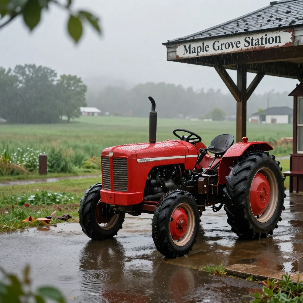 A classic red tractor waiting at a quiet countryside station during a gentle rain shower