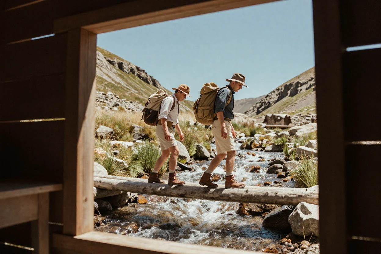 Two hikers crossing a narrow log bridge over a rushing stream, under harsh midday sun, on a clear, cloudless day, in the height of summer, in warm honey and cream tones, viewed from across the room.