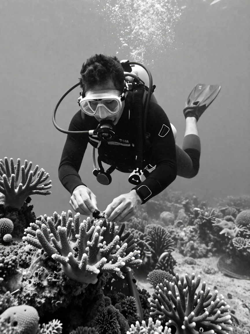 A diver collects samples from a coral nursery beside a restored coral reef.