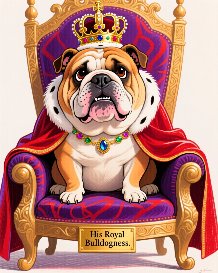 A regal bulldog wearing a tiny crown and cape, sitting like a king on a cushioned throne.