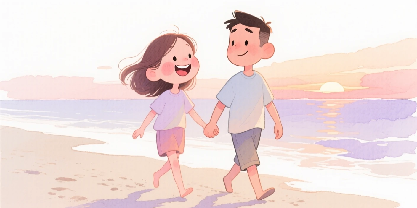A couple reuniting after time apart walking hand in hand along a beach at sunset