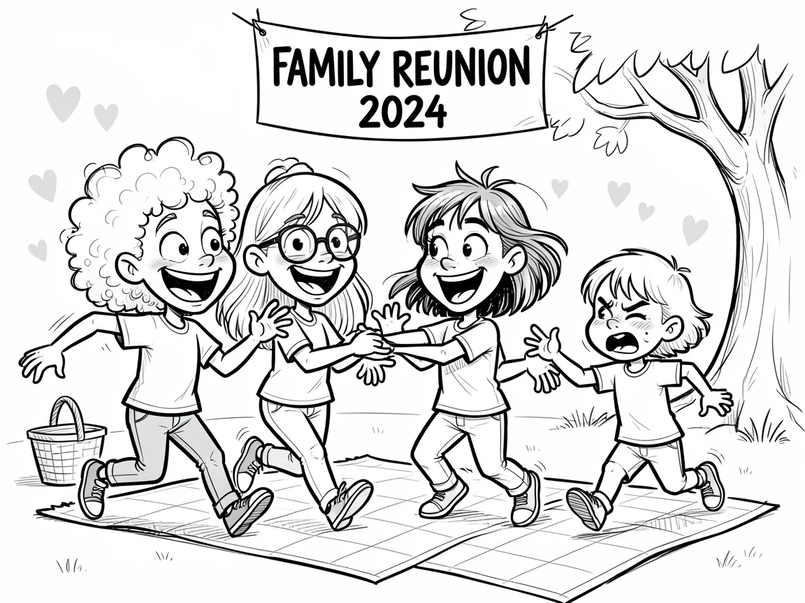 [Family & Relationship Moments] Heartwarming scene of cousins playing tag together at a big family reunion picnic, radiating love and warmth