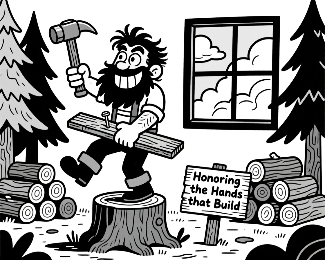 A rugged lumberjack with a bushy beard, hammering a nail while balancing on one foot, set in a dense pine forest with a woodpile nearby. Clouds drift lazily past the window. It feels like a warm nod to the people who keep the world running.