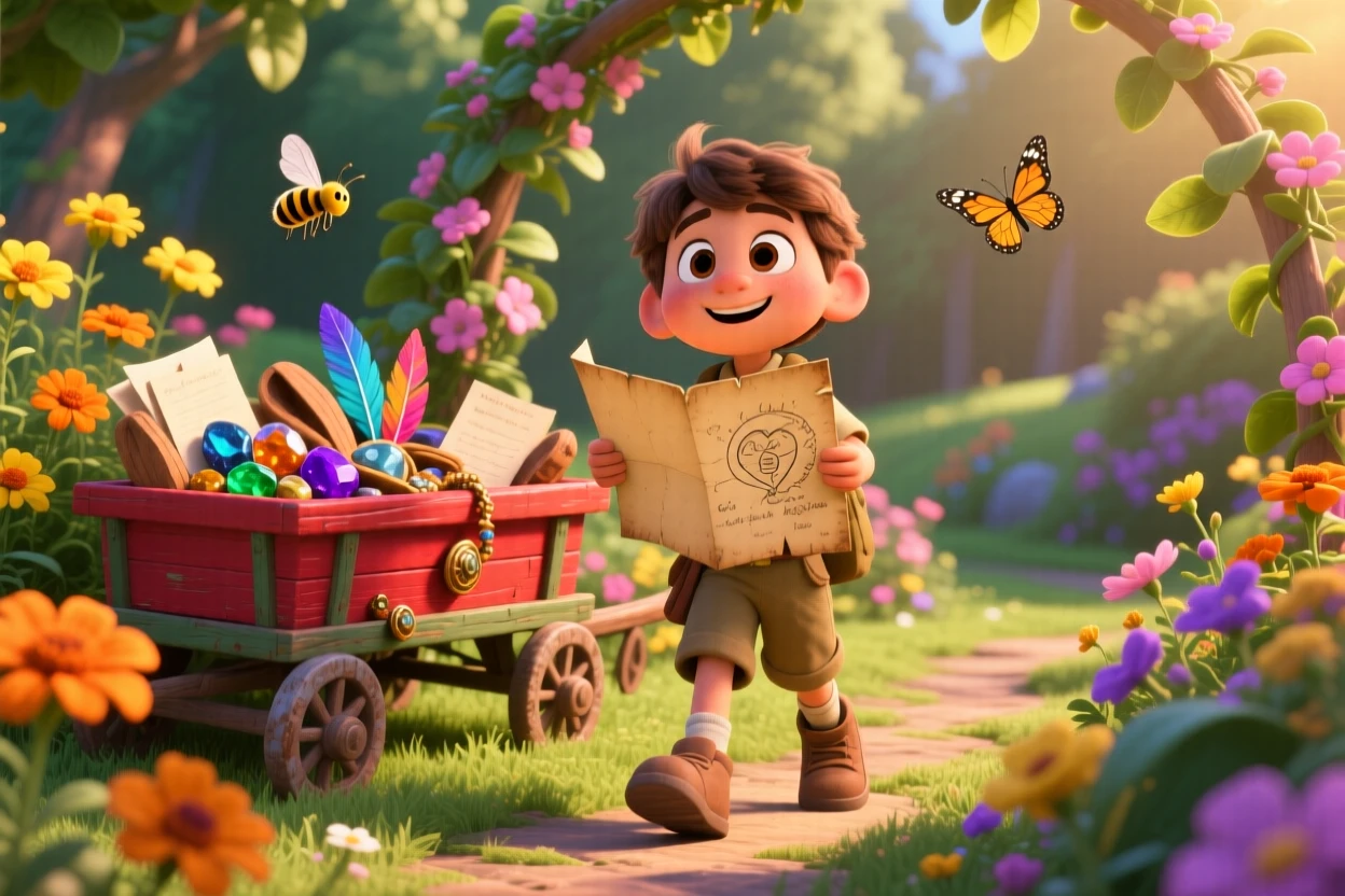 A young explorer following a hand-drawn treasure map takes place in a garden full of buzzing bees and butterflies, with a wagon full of collected treasures nearby. A carefree, adventurous energy fills the scene.