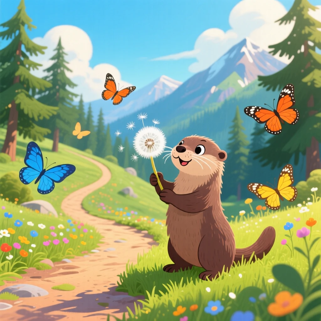 In a winding mountain trail, a playful otter spends the afternoon making a wish on a dandelion, while butterflies flutter nearby.