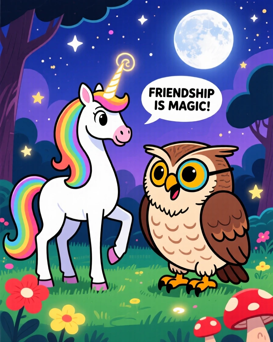 A unicorn guardian befriending a giant talking owl in a moonlit glade.