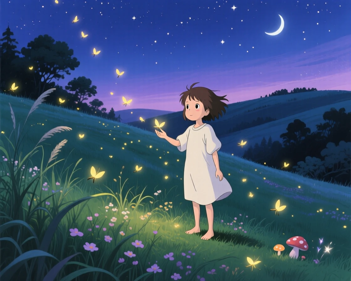 A nighttime scene of a firefly-lit meadow glowing softly after dusk, quietly enchanting.