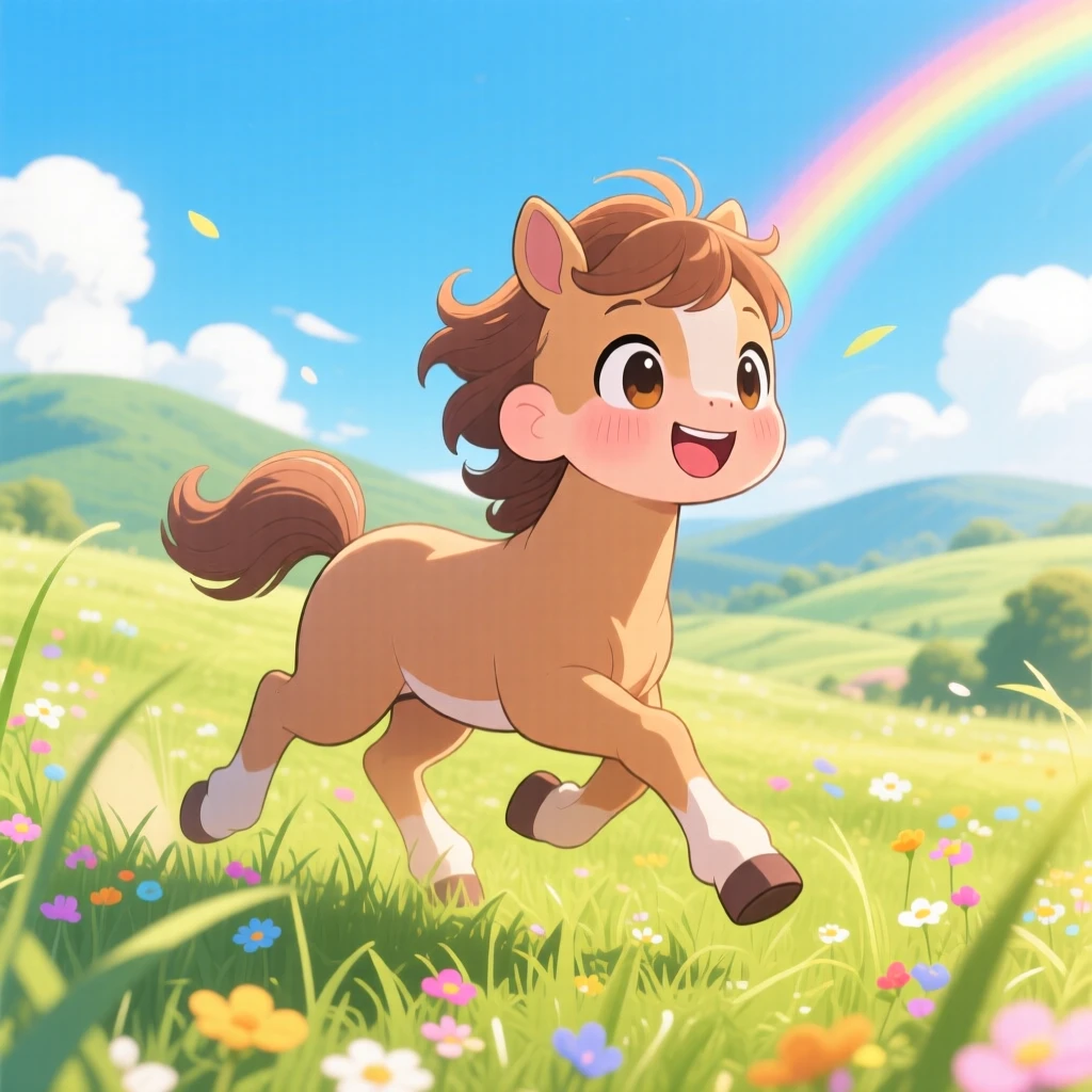 A centaur foal galloping through a sunlit meadow in a rolling countryside under a clear summer sky; bright rainbow-tinted light washes over the scene as curious excitement fills the moment. Full-body shot.
