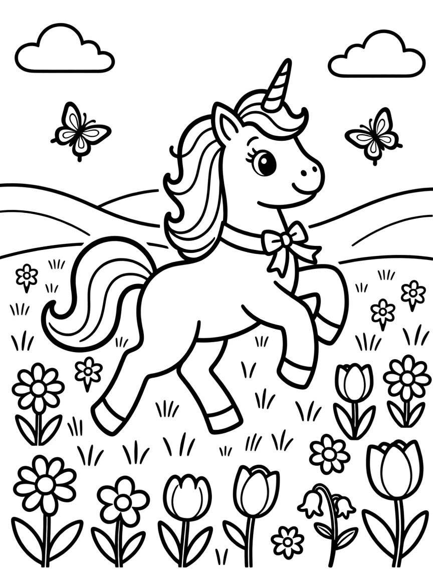 A unicorn foal prancing through a meadow of glowing flowers