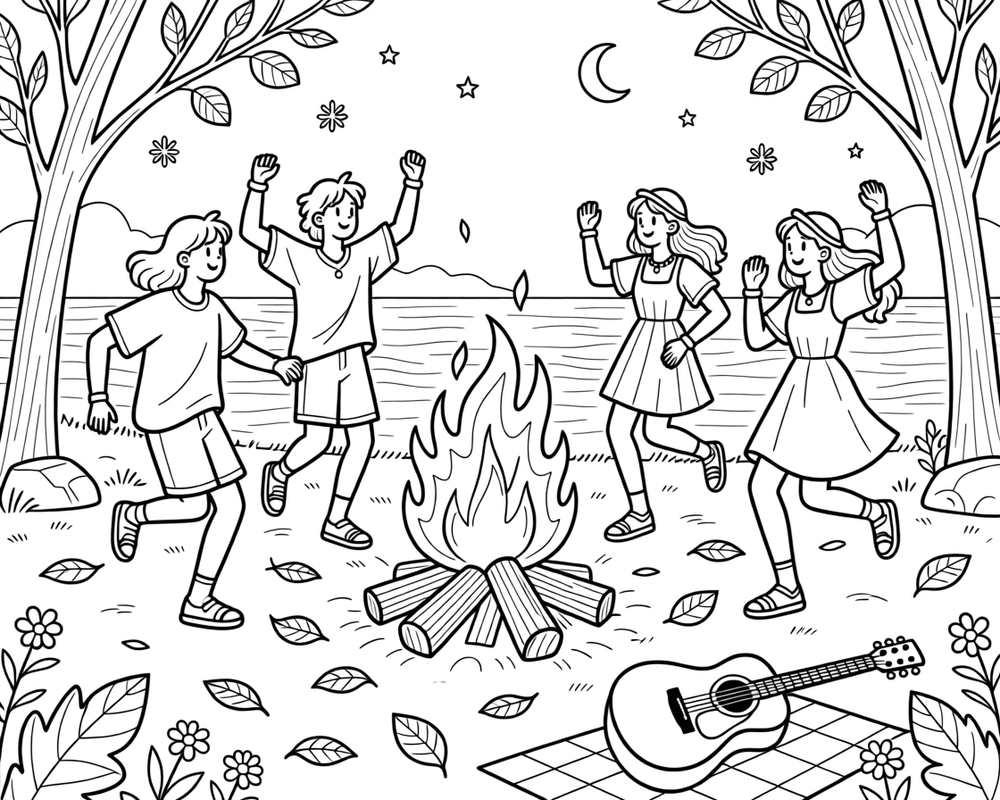 A summer solstice bonfire surrounded by dancing silhouettes, with fallen leaves or snow scattered on the ground.