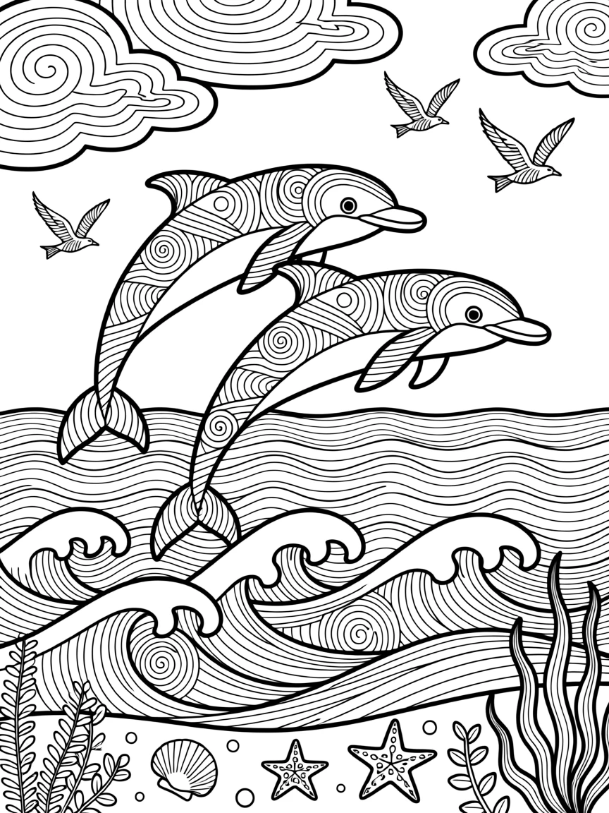 A pod of dolphins leaping in unison above ocean waves.