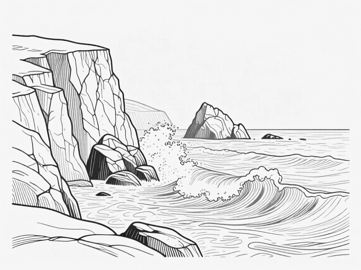 A rocky coastline with waves crashing against cliffs