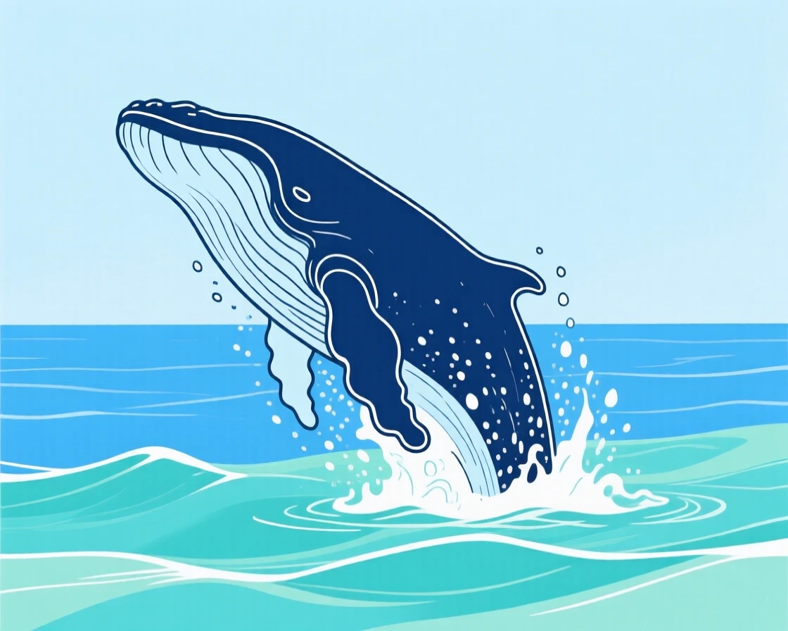 A whale breaching against a backdrop of open ocean.