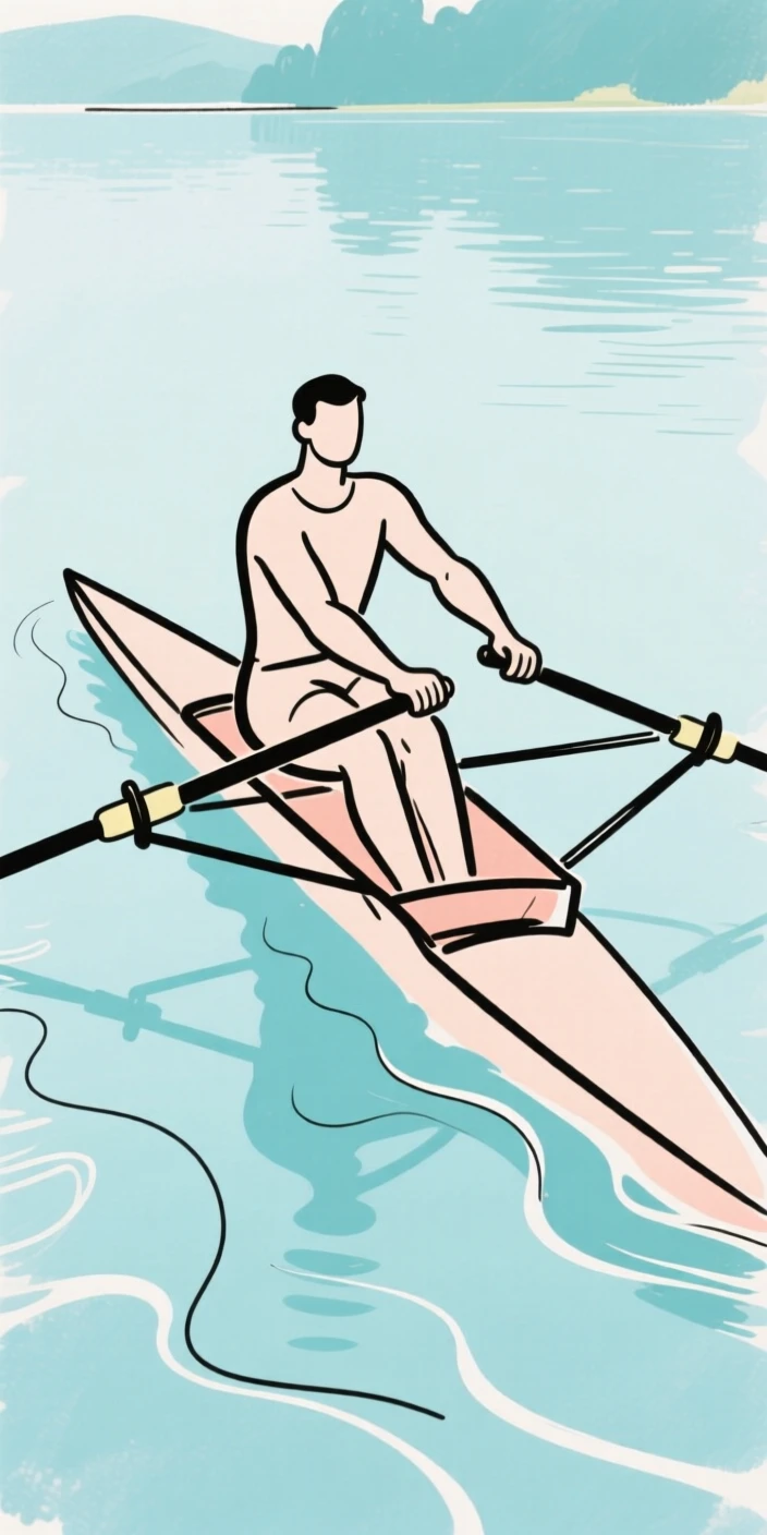 A rower gliding across a lake