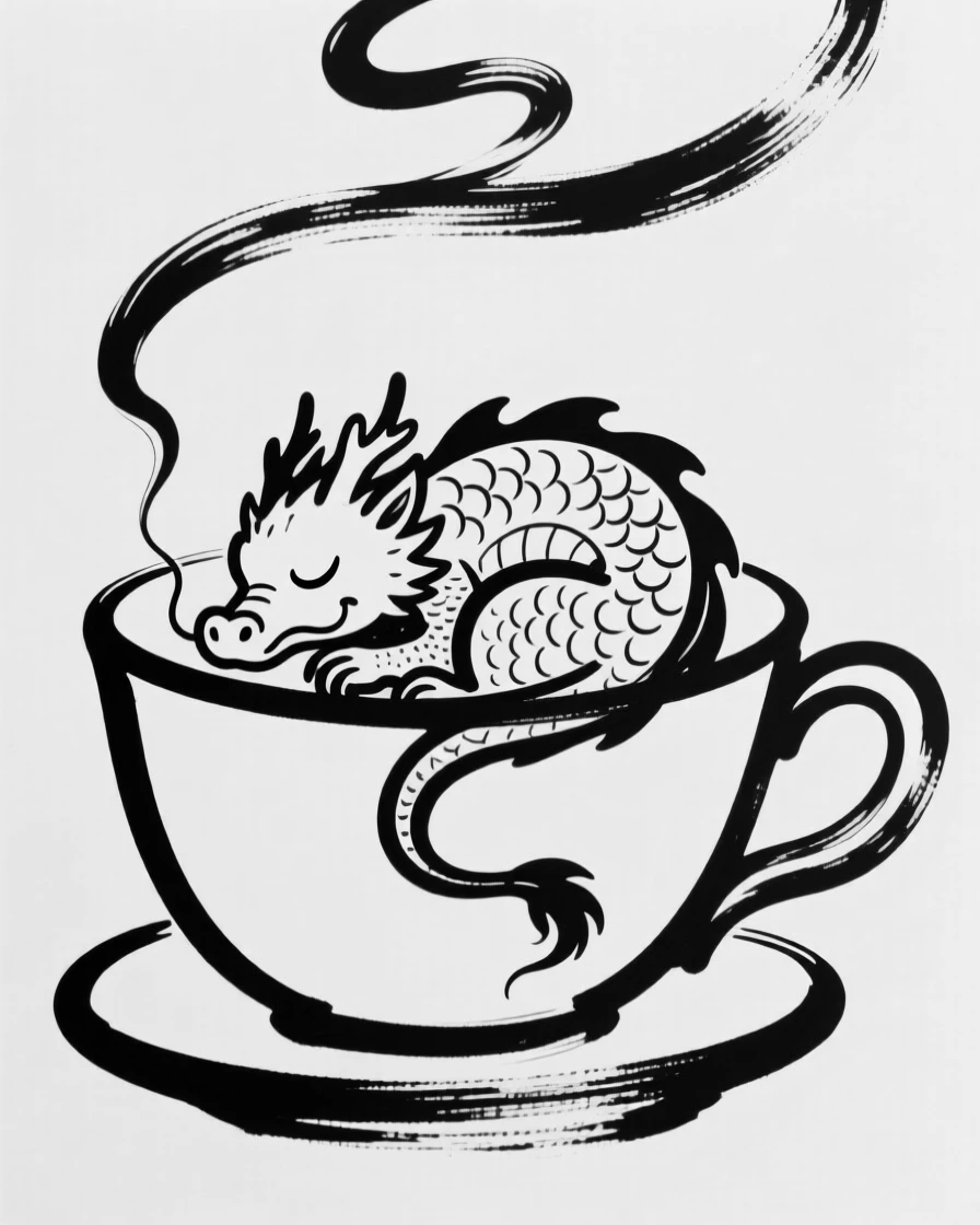 A tiny dragon curled up asleep inside a teacup, smoke puffing from its nostrils.