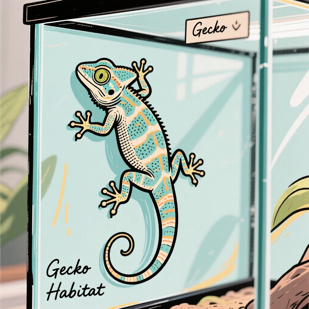 A pet gecko clinging to the glass wall of its terrarium.