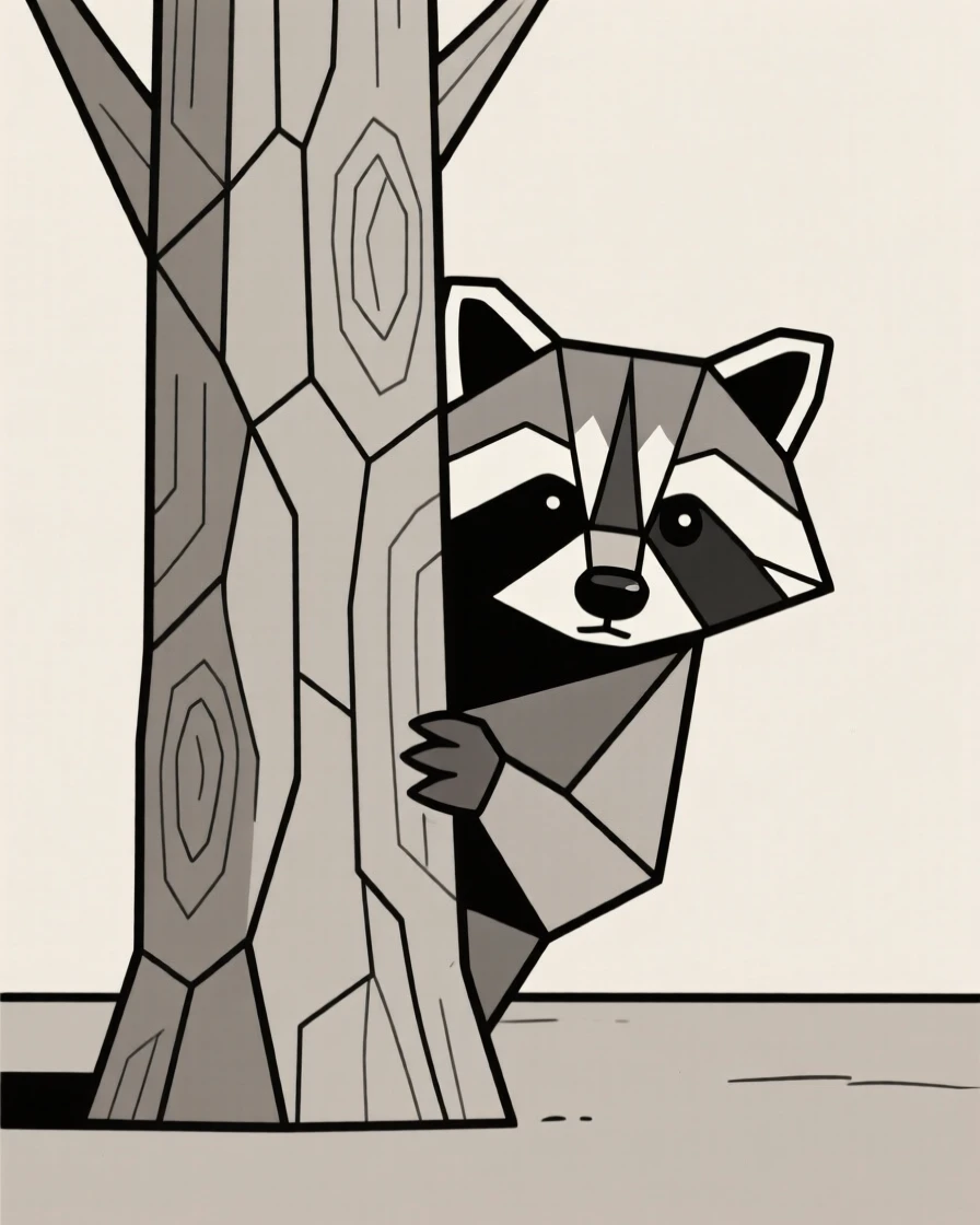 A raccoon peeking out from behind a tree trunk