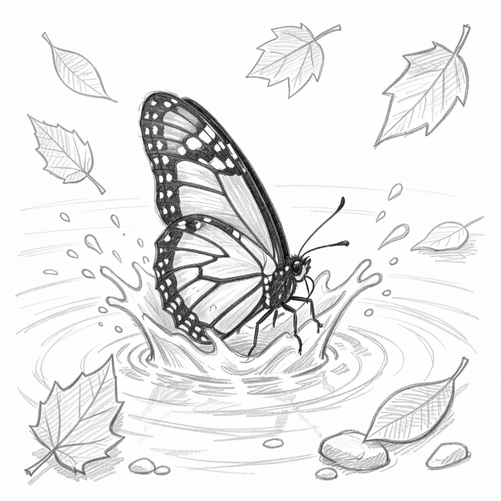 An adorable close-up of a monarch butterfly splashing through a shallow stream, surrounded by falling autumn leaves.