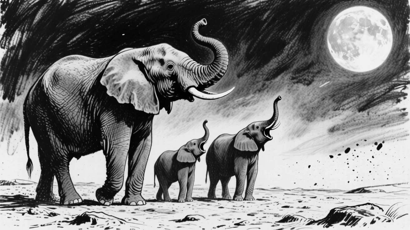 A family of elephants howling at a full moon.