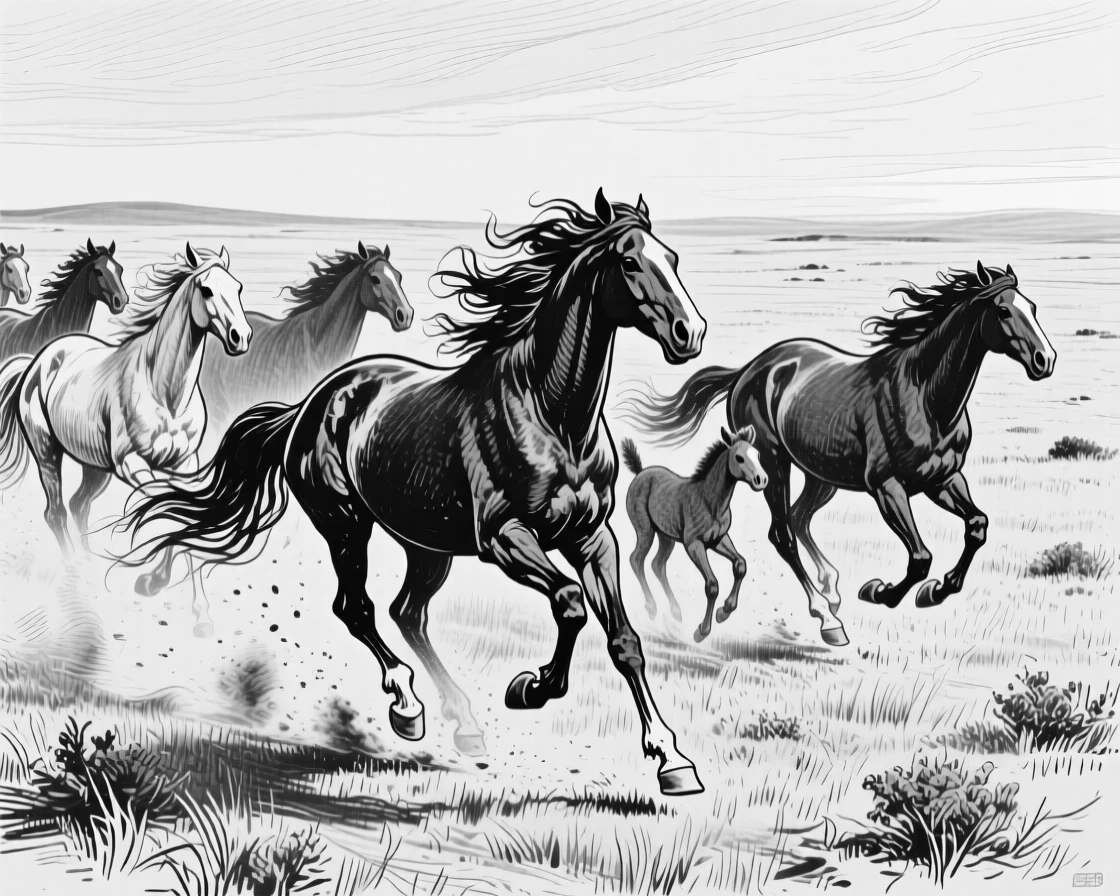 A herd of wild horses galloping freely across an open prairie.