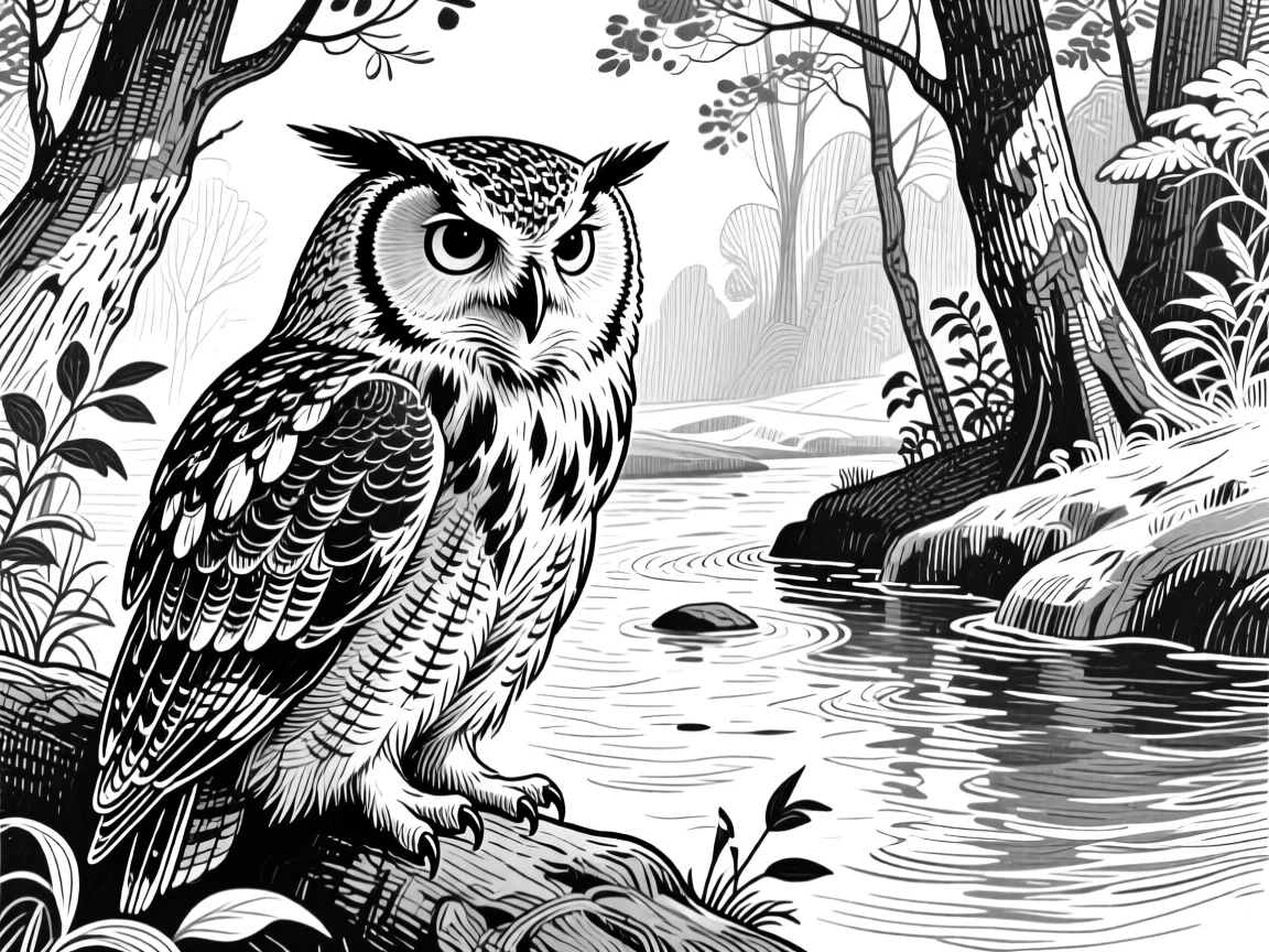 A wise old owl beside a calm woodland stream, its fur catching the light, capturing a wild and free moment in nature with a strong, centered focal point.