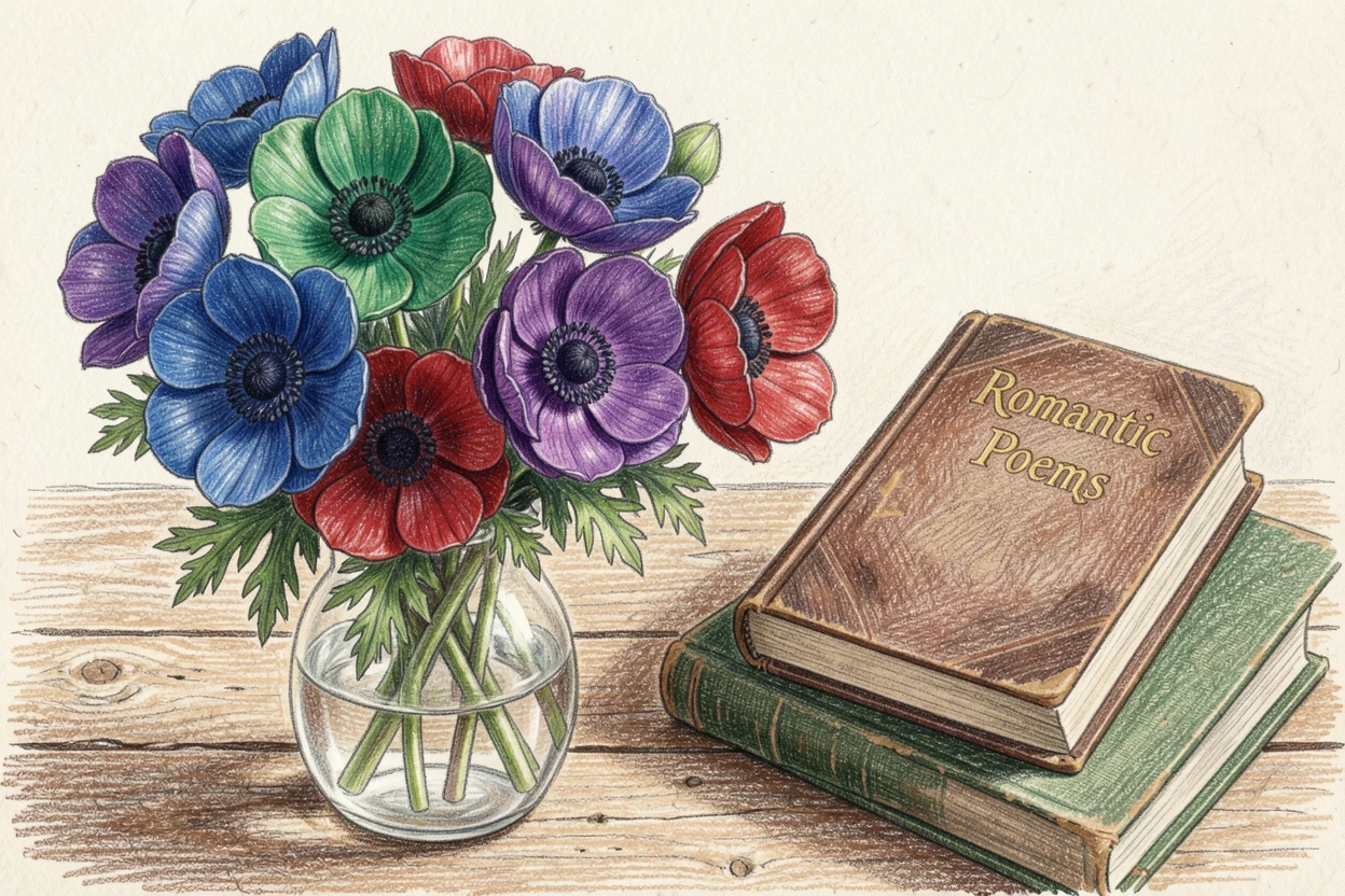 A bouquet of anemones in deep jewel tones, resting on a rustic wooden table beside vintage books, designed to feel fresh, romantic, and giftable.